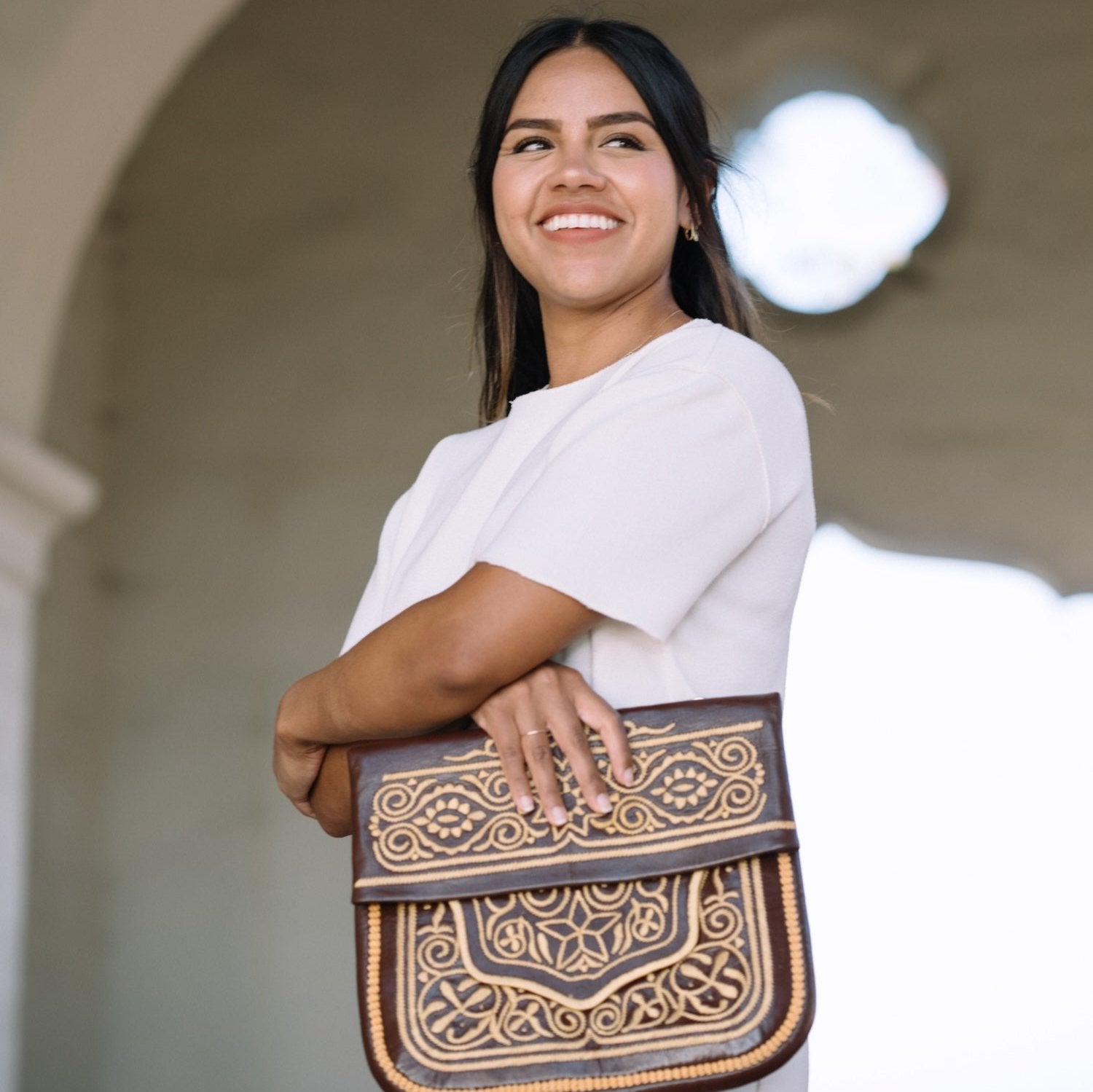 Moroccan leather purse with metal gems - Perfect Makeup pouch | chic Bridesmaid proposal come in hot natural color | Marrakech tannery leather