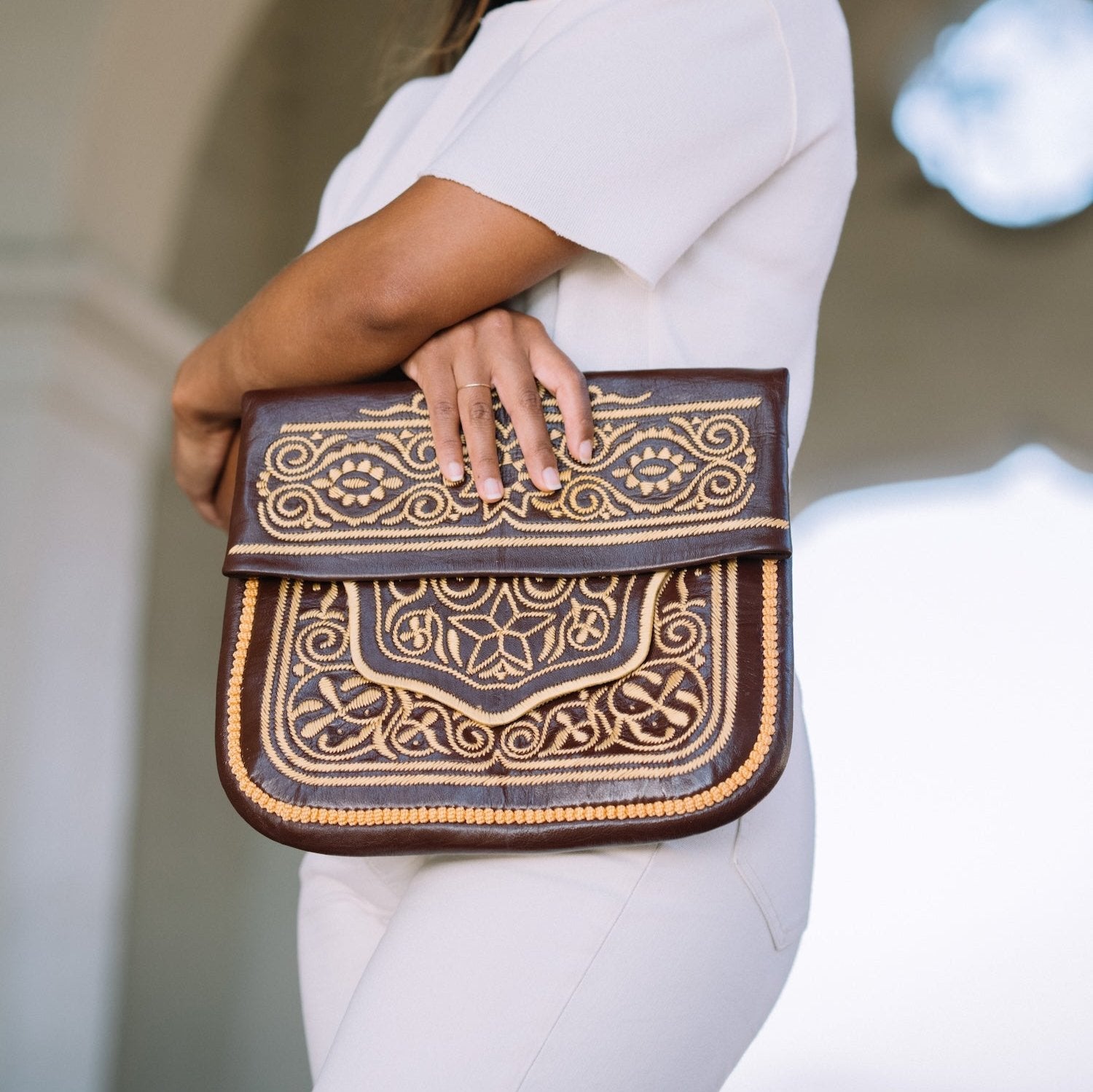 Embroidered Leather Bag from Morocco by AMASOUK