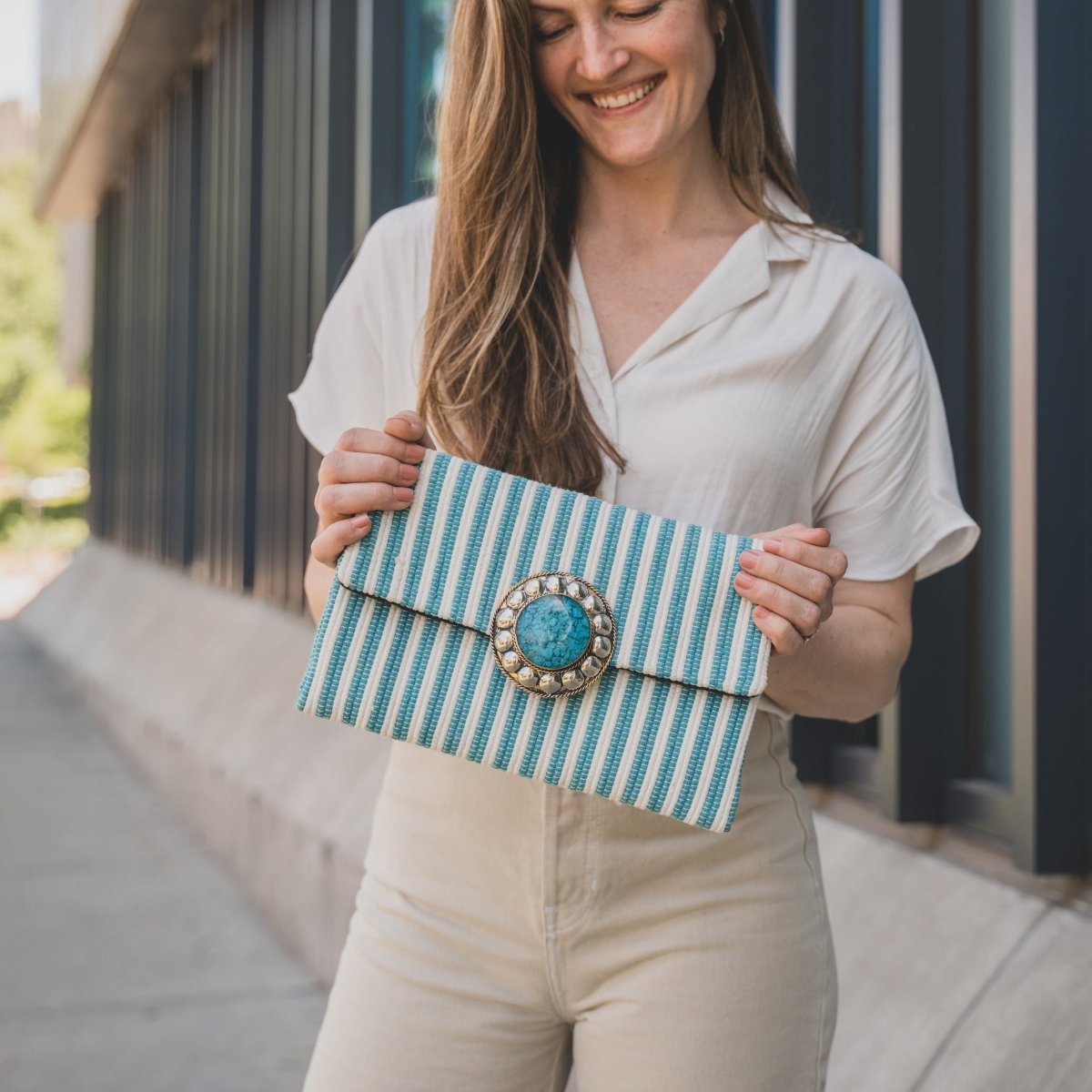 Turquoise Clutch with Detachable Chain by AMASOUK