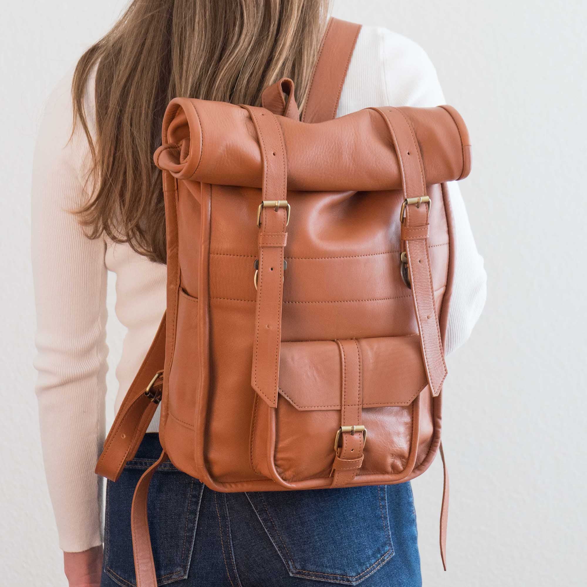 Brown Leather Rolltop Backpack